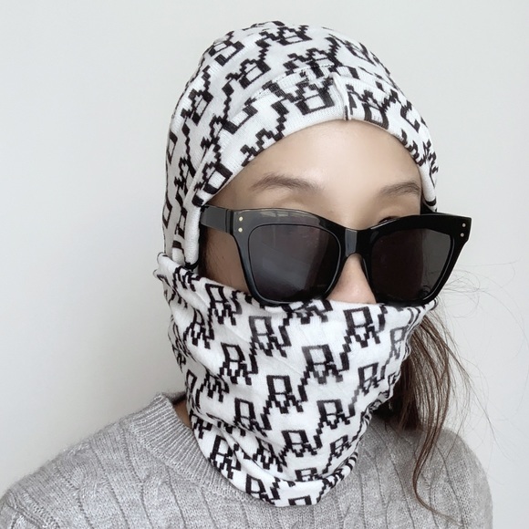 SOFT MONOGRAM KNIT BEANIE AND INFINITY NECK WARMER - WHITE BLACK PRINT 2 PIECE - Picture 6 of 8